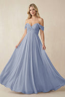 Off - the - Shoulder Chiffon A - Line Long Bridesmaid Dress in Twilight - SHE IS ME Bridesmaid Dresses