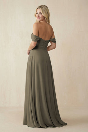 Off - the - Shoulder Chiffon A - Line Long Bridesmaid Dress in Willow Green - SHE IS ME Bridesmaid Dresses