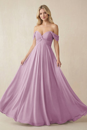 Off - the - Shoulder Chiffon A - Line Long Bridesmaid Dress in Wisteria - SHE IS ME Bridesmaid Dresses