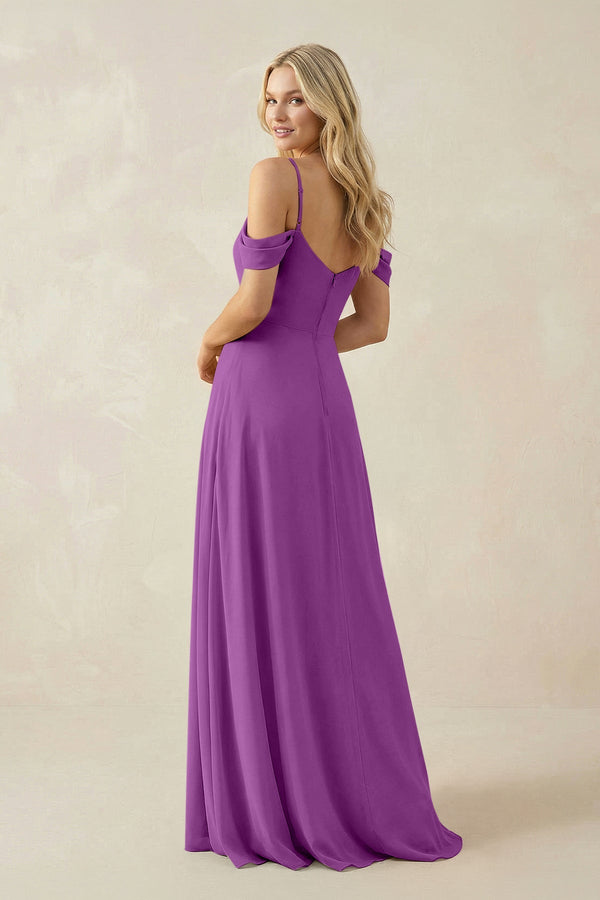Off - the - Shoulder Chiffon A - Line Maxi Bridesmaid Dress in Amethyst - SHE IS ME Bridesmaid Dresses