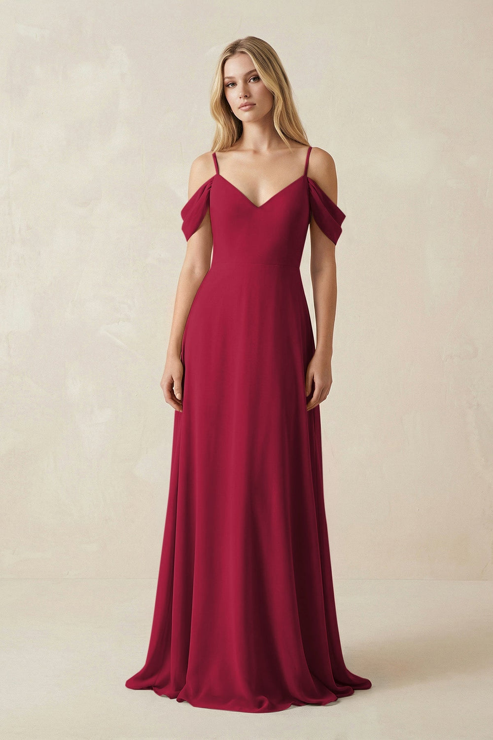 Off - the - Shoulder Chiffon A - Line Maxi Bridesmaid Dress in Berry - SHE IS ME Bridesmaid Dresses