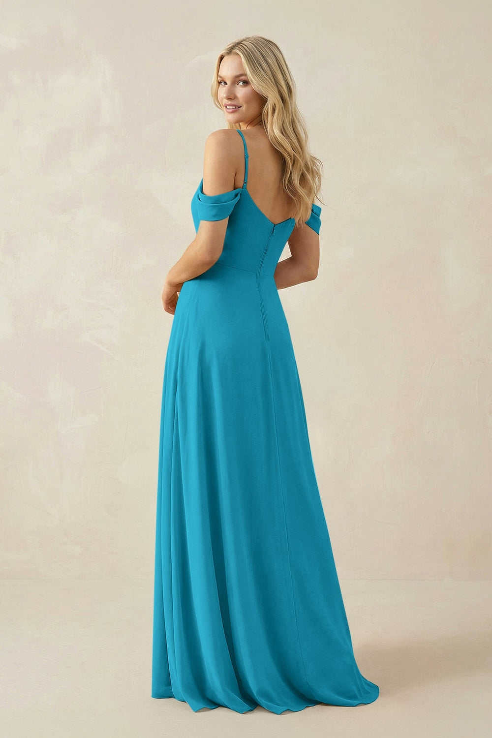 Off - the - Shoulder Chiffon A - Line Maxi Bridesmaid Dress in Blue Jay - SHE IS ME Bridesmaid Dresses