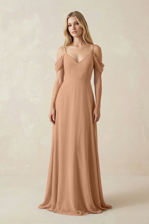 Off - the - Shoulder Chiffon A - Line Maxi Bridesmaid Dress in Bronzer - SHE IS ME Bridesmaid Dresses