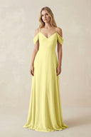 Off - the - Shoulder Chiffon A - Line Maxi Bridesmaid Dress in Buttercup - SHE IS ME Bridesmaid Dresses