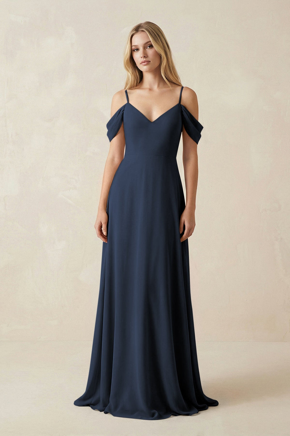 Off - the - Shoulder Chiffon A - Line Maxi Bridesmaid Dress in Dark Navy - SHE IS ME Bridesmaid Dresses