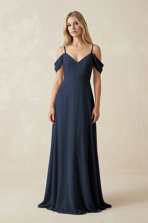 Off - the - Shoulder Chiffon A - Line Maxi Bridesmaid Dress in Dark Navy - SHE IS ME Bridesmaid Dresses