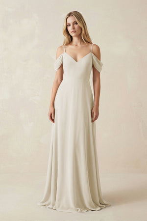 Off - the - Shoulder Chiffon A - Line Maxi Bridesmaid Dress in Dove Gray - SHE IS ME Bridesmaid Dresses
