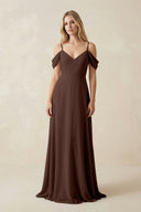 Off - the - Shoulder Chiffon A - Line Maxi Bridesmaid Dress in Espresso - SHE IS ME Bridesmaid Dresses