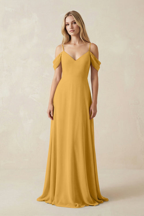 Off - the - Shoulder Chiffon A - Line Maxi Bridesmaid Dress in Marigold - SHE IS ME Bridesmaid Dresses