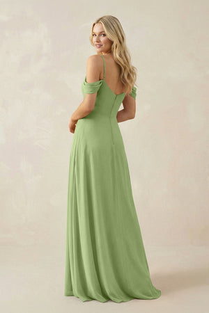Off - the - Shoulder Chiffon A - Line Maxi Bridesmaid Dress in Matcha - SHE IS ME Bridesmaid Dresses