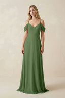 Off - the - Shoulder Chiffon A - Line Maxi Bridesmaid Dress in Moss - SHE IS ME Bridesmaid Dresses