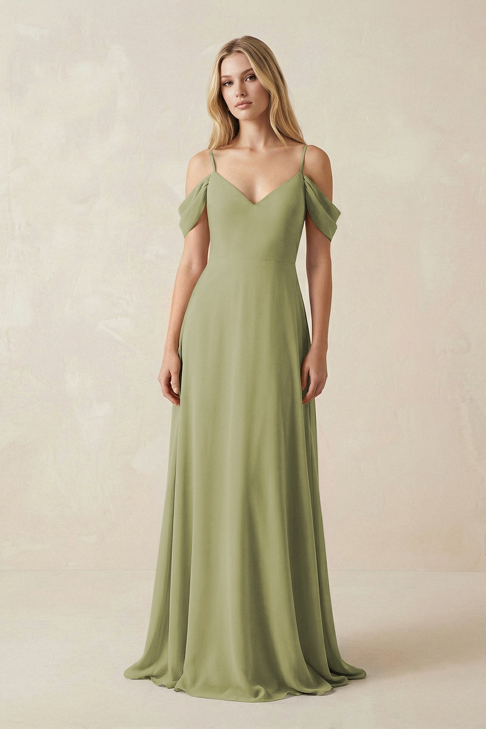 Off - the - Shoulder Chiffon A - Line Maxi Bridesmaid Dress in Moss Green - SHE IS ME Bridesmaid Dresses