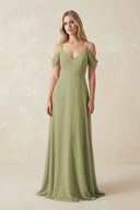 Off - the - Shoulder Chiffon A - Line Maxi Bridesmaid Dress in Moss Green - SHE IS ME Bridesmaid Dresses