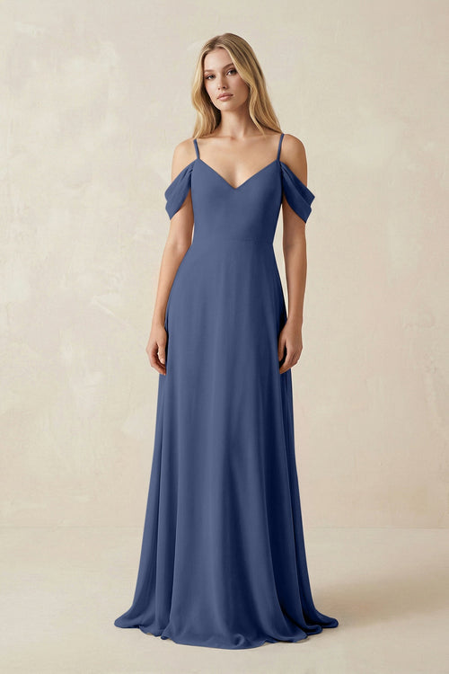 Off - the - Shoulder Chiffon A - Line Maxi Bridesmaid Dress in Navy - SHE IS ME Bridesmaid Dresses