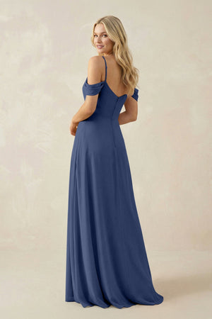 Off - the - Shoulder Chiffon A - Line Maxi Bridesmaid Dress in Navy - SHE IS ME Bridesmaid Dresses