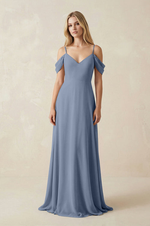 Off - the - Shoulder Chiffon A - Line Maxi Bridesmaid Dress in Neptune - SHE IS ME Bridesmaid Dresses