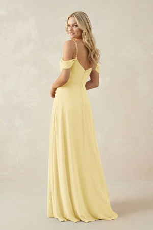Off - the - Shoulder Chiffon A - Line Maxi Bridesmaid Dress in Pastel Yellow - SHE IS ME Bridesmaid Dresses