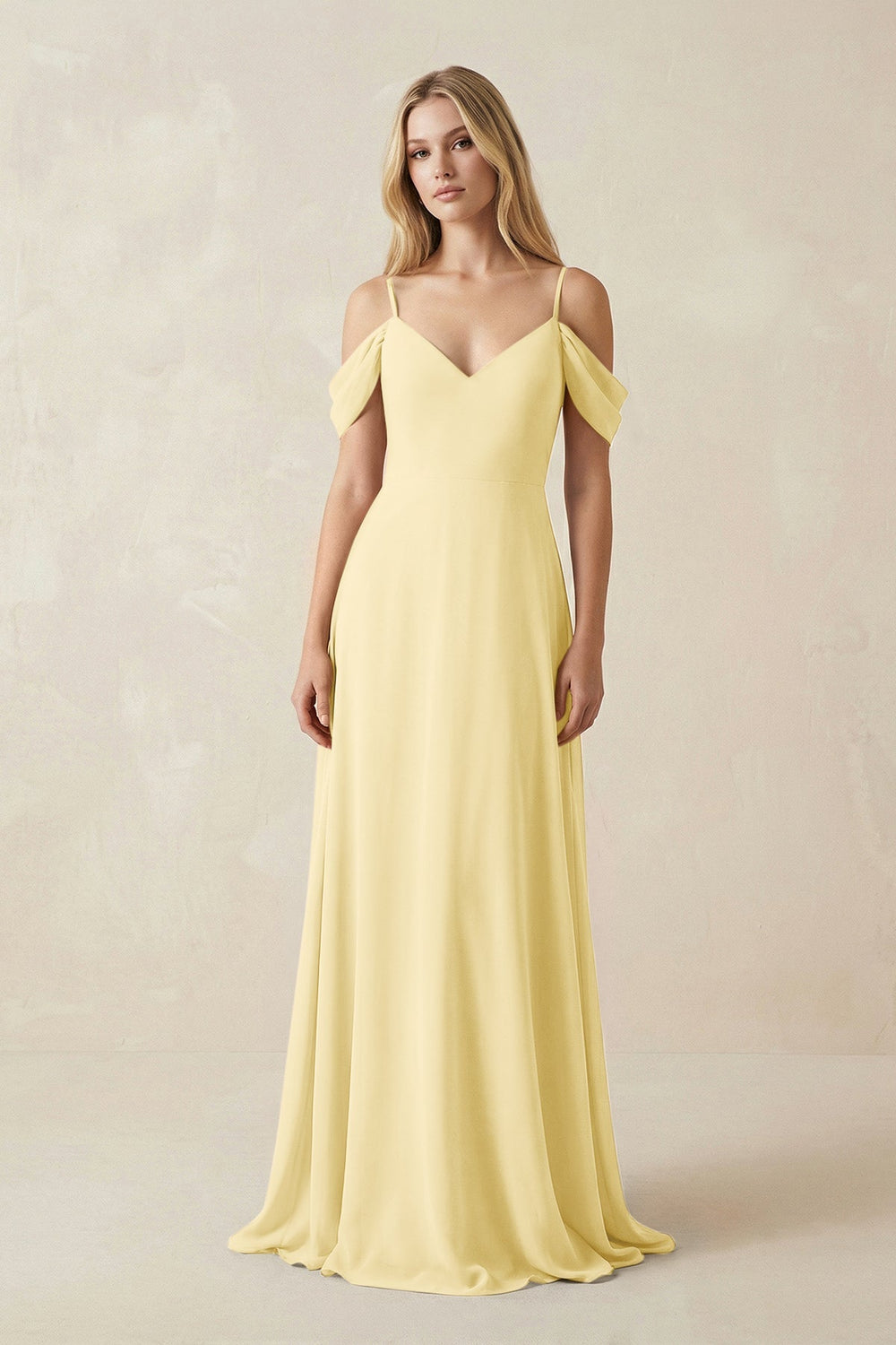 Off - the - Shoulder Chiffon A - Line Maxi Bridesmaid Dress in Pastel Yellow - SHE IS ME Bridesmaid Dresses