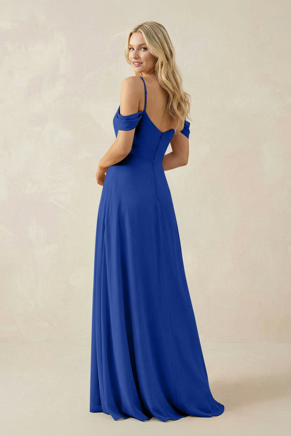 Off - the - Shoulder Chiffon A - Line Maxi Bridesmaid Dress in Royal Blue - SHE IS ME Bridesmaid Dresses