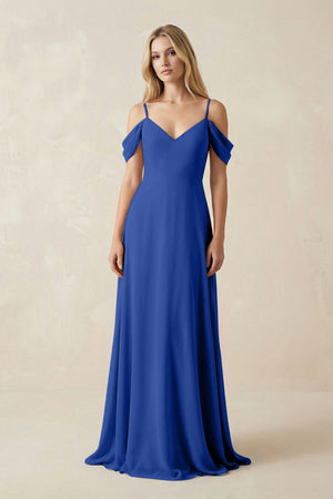 Off - the - Shoulder Chiffon A - Line Maxi Bridesmaid Dress in Royal Blue - SHE IS ME Bridesmaid Dresses