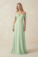 Off - the - Shoulder Chiffon A - Line Maxi Bridesmaid Dress in Sage - SHE IS ME Bridesmaid Dresses