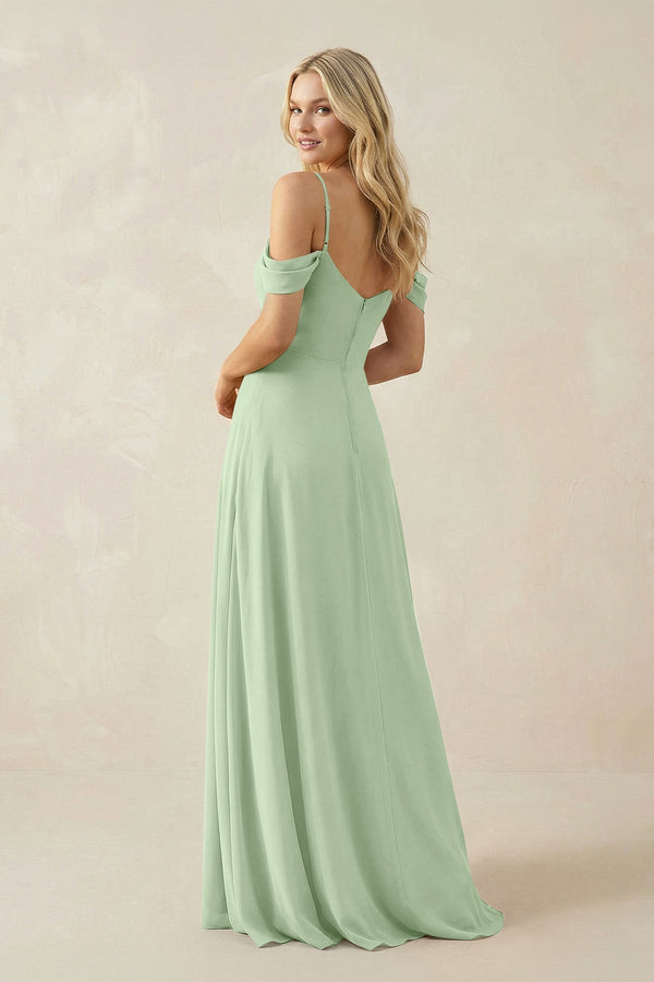 Off - the - Shoulder Chiffon A - Line Maxi Bridesmaid Dress in Sage - SHE IS ME Bridesmaid Dresses