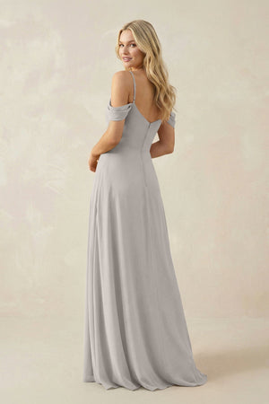 Off - the - Shoulder Chiffon A - Line Maxi Bridesmaid Dress in Silver - SHE IS ME Bridesmaid Dresses