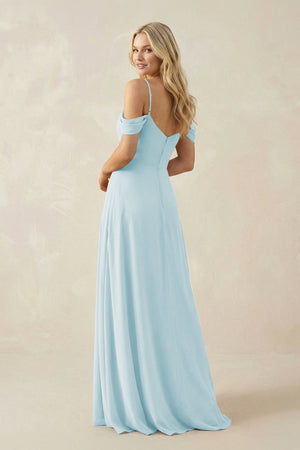 Off - the - Shoulder Chiffon A - Line Maxi Bridesmaid Dress in Sky Blue - SHE IS ME Bridesmaid Dresses