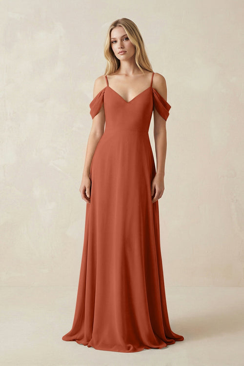 Off - the - Shoulder Chiffon A - Line Maxi Bridesmaid Dress in Spice - SHE IS ME Bridesmaid Dresses