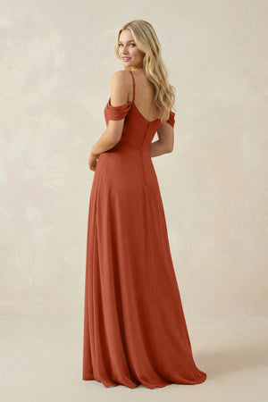 Off - the - Shoulder Chiffon A - Line Maxi Bridesmaid Dress in Spice - SHE IS ME Bridesmaid Dresses