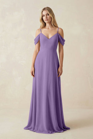 Off - the - Shoulder Chiffon A - Line Maxi Bridesmaid Dress in Tahiti - SHE IS ME Bridesmaid Dresses