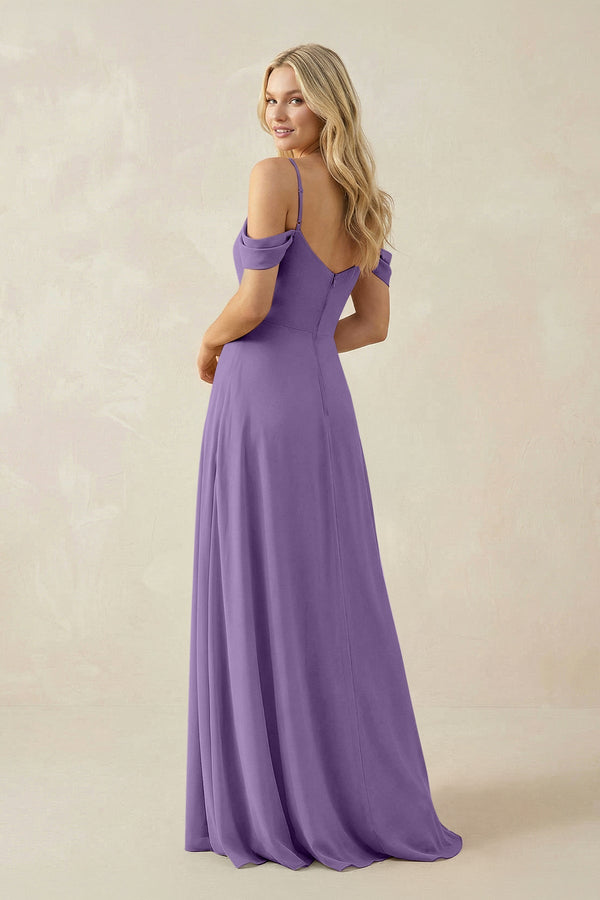 Off - the - Shoulder Chiffon A - Line Maxi Bridesmaid Dress in Tahiti - SHE IS ME Bridesmaid Dresses