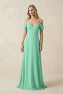 Off - the - Shoulder Chiffon A - Line Maxi Bridesmaid Dress in Turquoise - SHE IS ME Bridesmaid Dresses