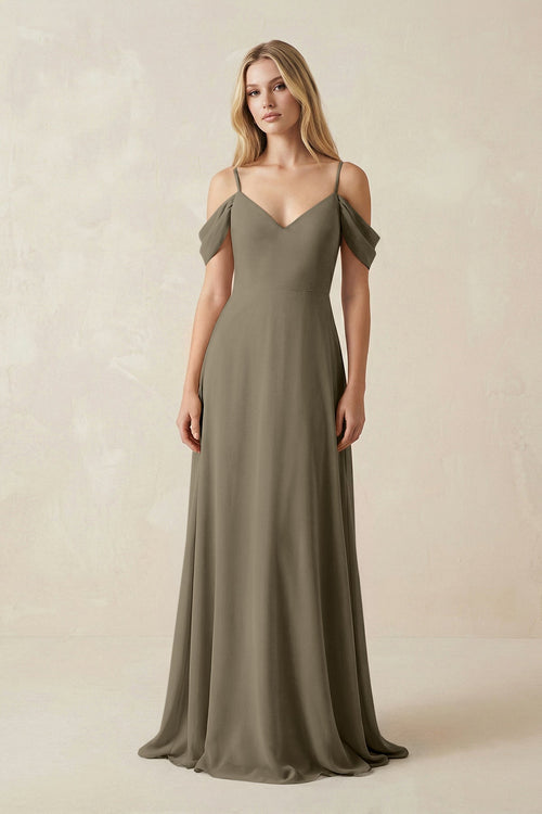 Off - the - Shoulder Chiffon A - Line Maxi Bridesmaid Dress in Willow Green - SHE IS ME Bridesmaid Dresses