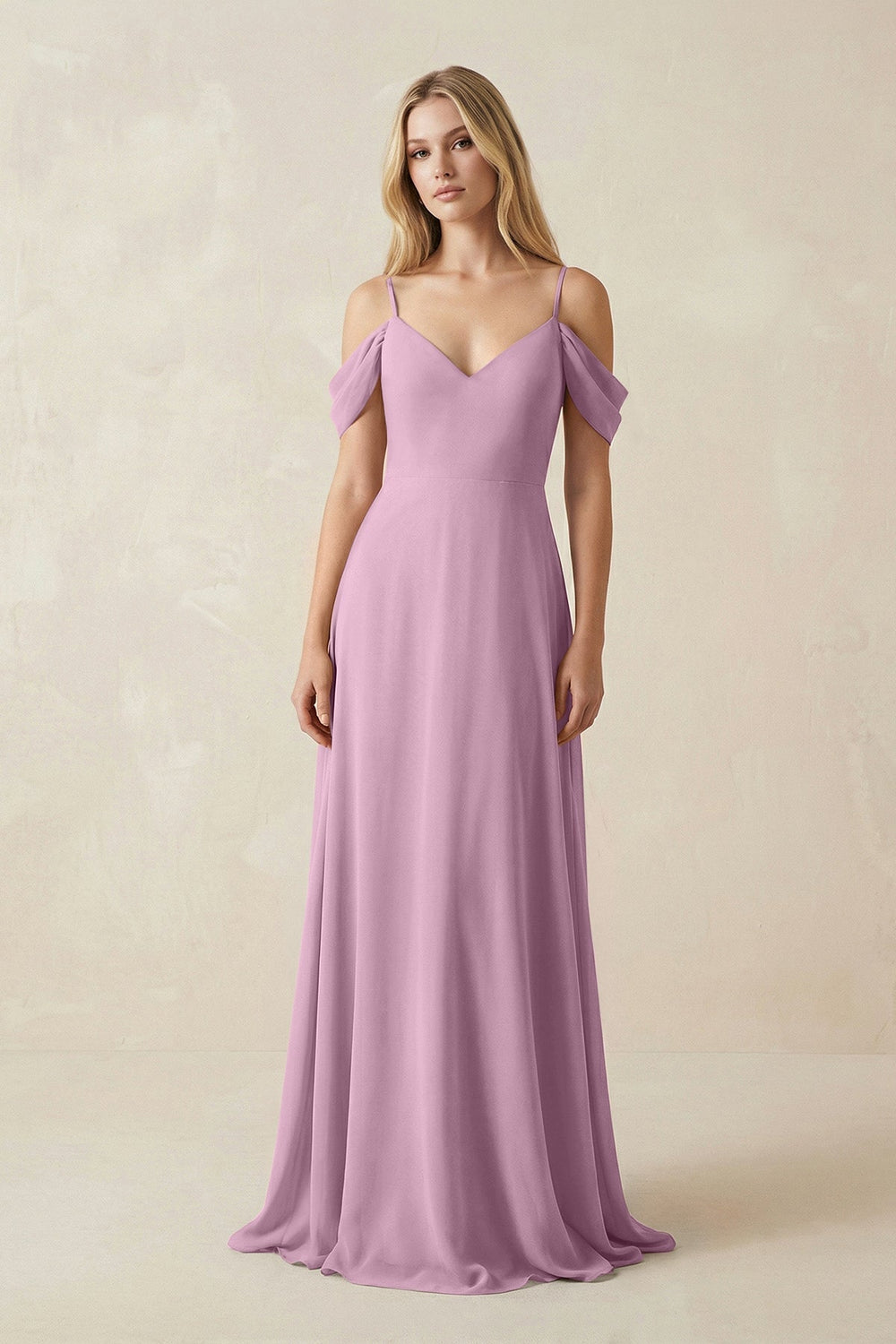 Off - the - Shoulder Chiffon A - Line Maxi Bridesmaid Dress in Wisteria - SHE IS ME Bridesmaid Dresses