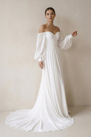 Off the Shoulder Chiffon Long - Sleeve Wedding Dresses in White - SHE IS ME Wedding Dresses