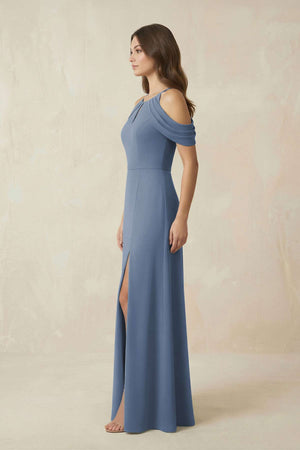 Off - the - Shoulder Chiffon Sheath Bridesmaid Dress Wiht Slit in Neptune - SHE IS ME Bridesmaid Dresses