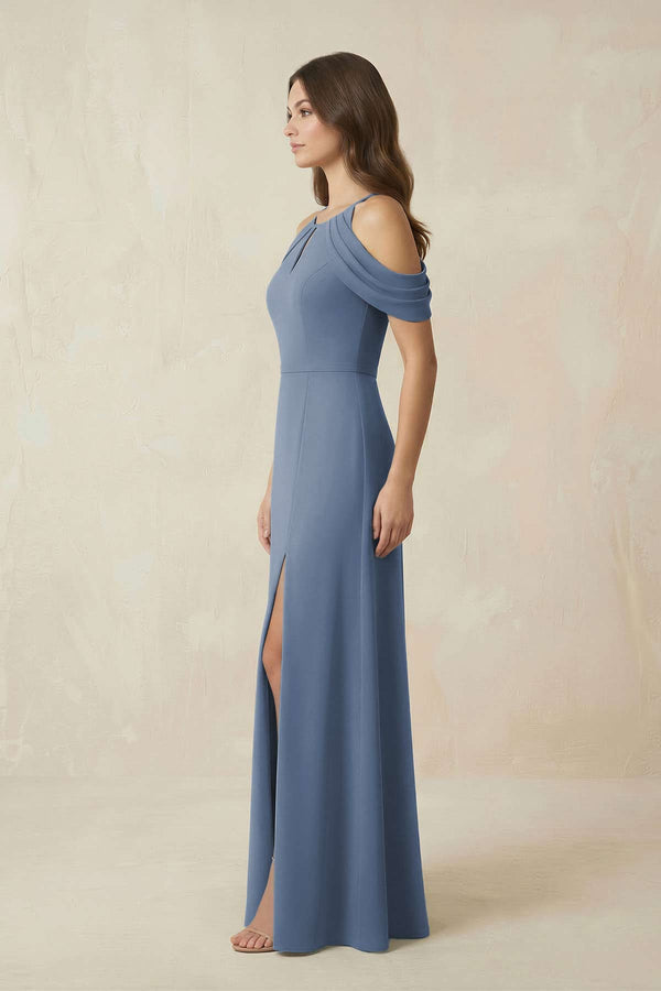 Off - the - Shoulder Chiffon Sheath Bridesmaid Dress Wiht Slit in Neptune - SHE IS ME Bridesmaid Dresses