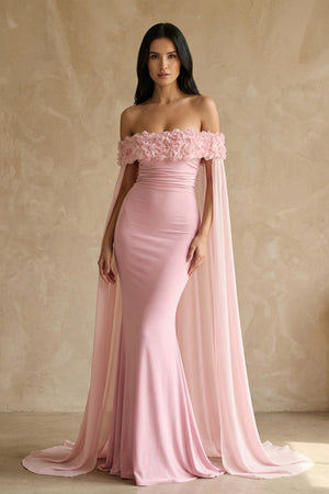 Off The Shoulder Floral Cape Gown in Pink - SHE IS ME
