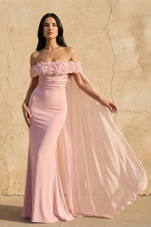Off The Shoulder Floral Cape Gown in Pink - SHE IS ME