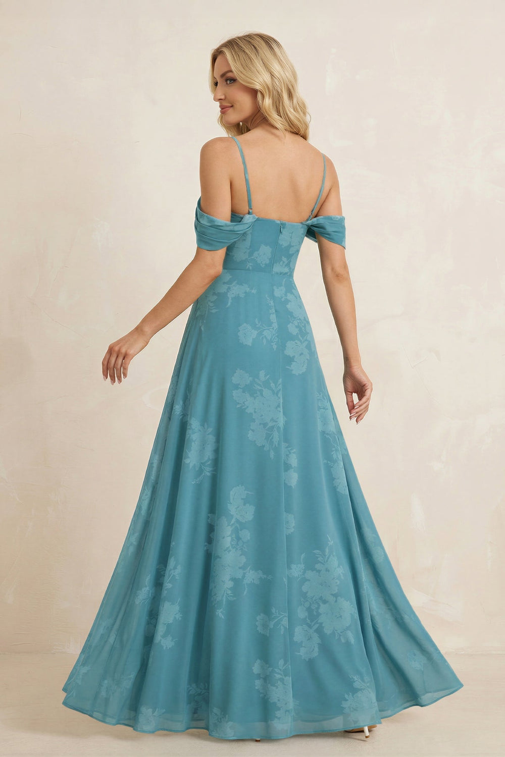 Off - the - Shoulder Floral Chiffon Ruffled Bridesmaid Dress in Adriatic Blue - SHE IS ME Bridesmaid Dresses