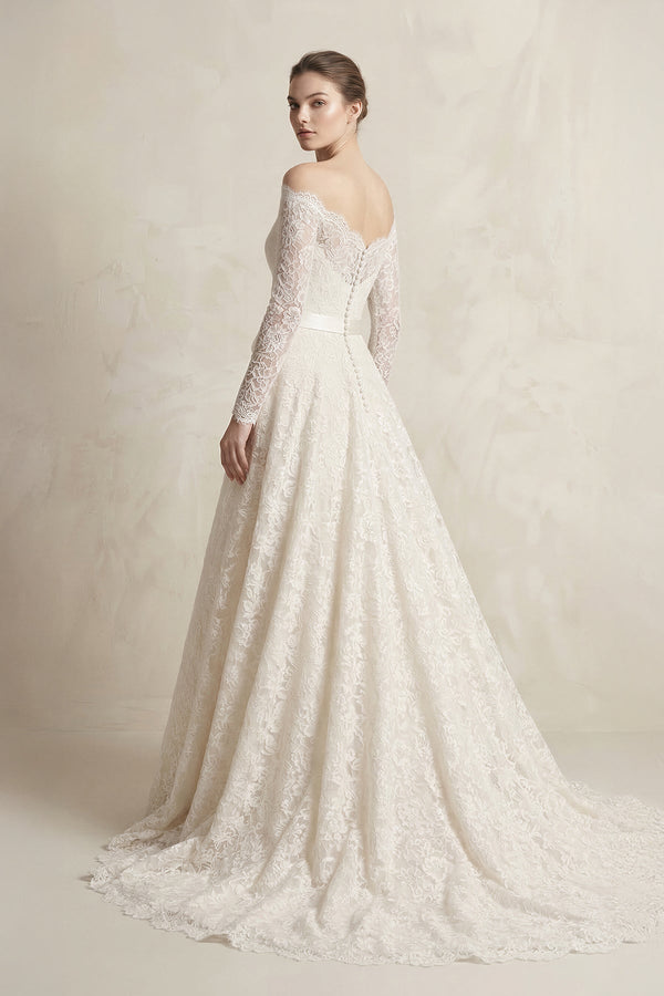 Off - the - Shoulder Lace Long Sleeve Bow Wedding Dress in Ivory - SHE IS ME Wedding Dresses