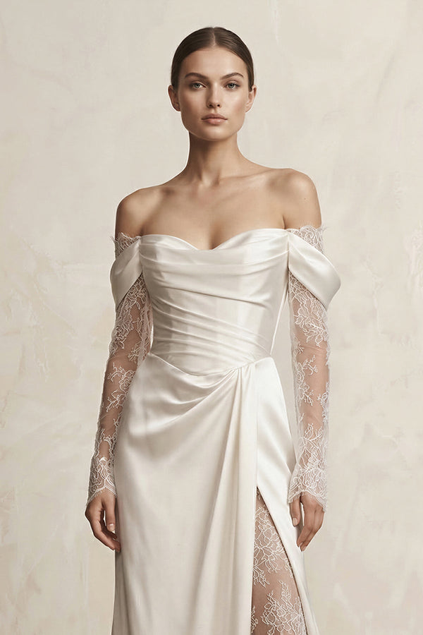 Off - the - Shoulder Lace Satin Sheath Wedding Dress With Slit in Ivory - SHE IS ME Wedding Dresses