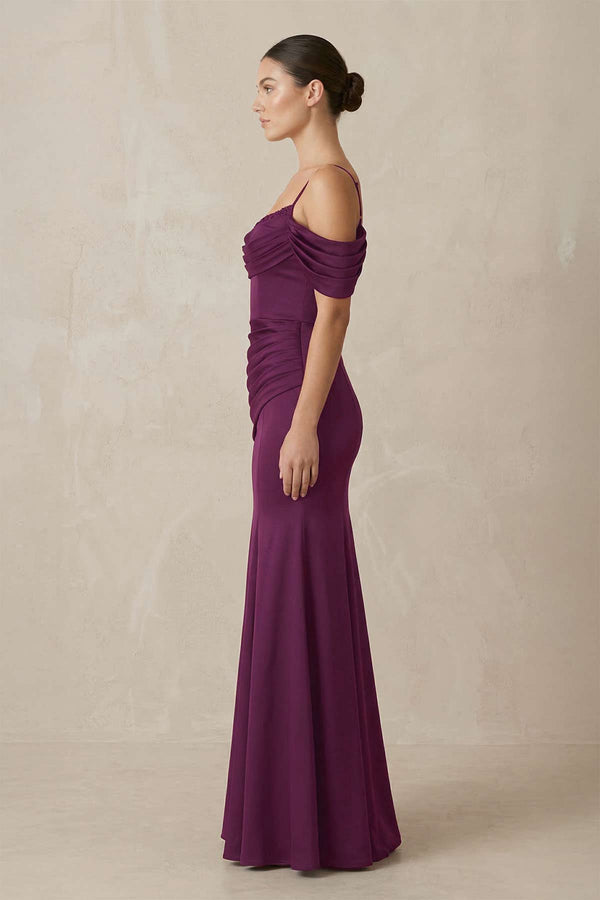 Off - the - Shoulder Mermaid Ruched Bridesmaid Dress in Fig - SHE IS ME Bridesmaid Dresses