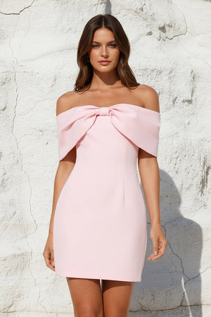 Off The Shoulder Mini Dress With Bow Cape in Pink - SHE IS ME