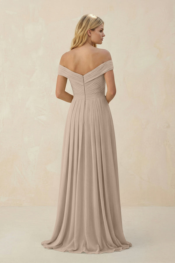 Off - the - Shoulder Pleated A - Line Chiffon Bridesmaid Dress in Almond - SHE IS ME Bridesmaid Dresses