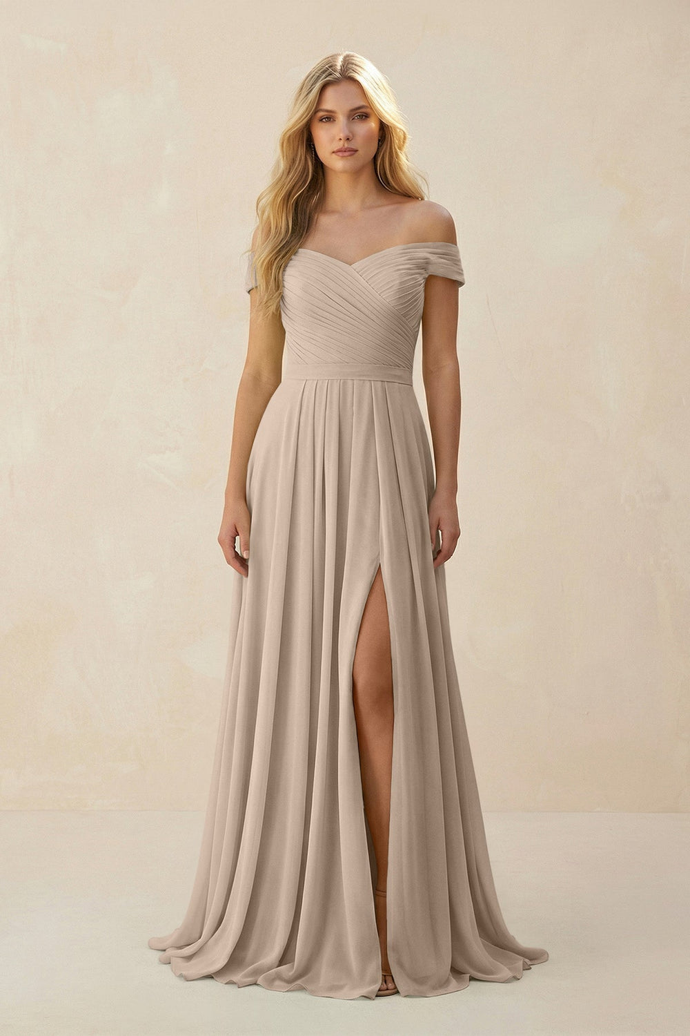 Off - the - Shoulder Pleated A - Line Chiffon Bridesmaid Dress in Almond - SHE IS ME Bridesmaid Dresses