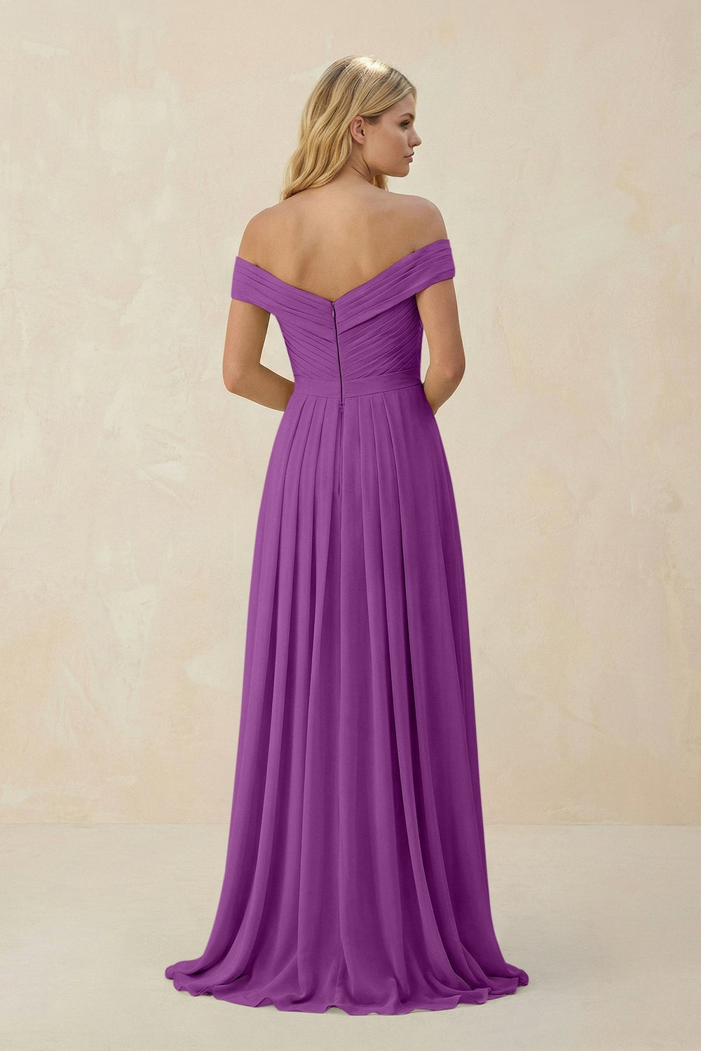 Off - the - Shoulder Pleated A - Line Chiffon Bridesmaid Dress in Amethyst - SHE IS ME Bridesmaid Dresses