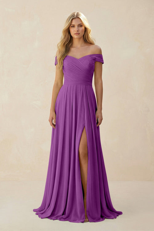 Off - the - Shoulder Pleated A - Line Chiffon Bridesmaid Dress in Amethyst - SHE IS ME Bridesmaid Dresses
