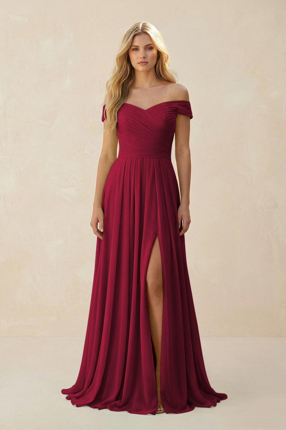 Off - the - Shoulder Pleated A - Line Chiffon Bridesmaid Dress in Berry - SHE IS ME Bridesmaid Dresses